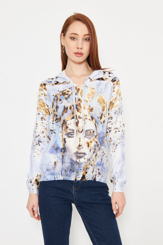 Grossiste Missy Tekstil - PULL A CAPUCHE IMPRIME A STRASS