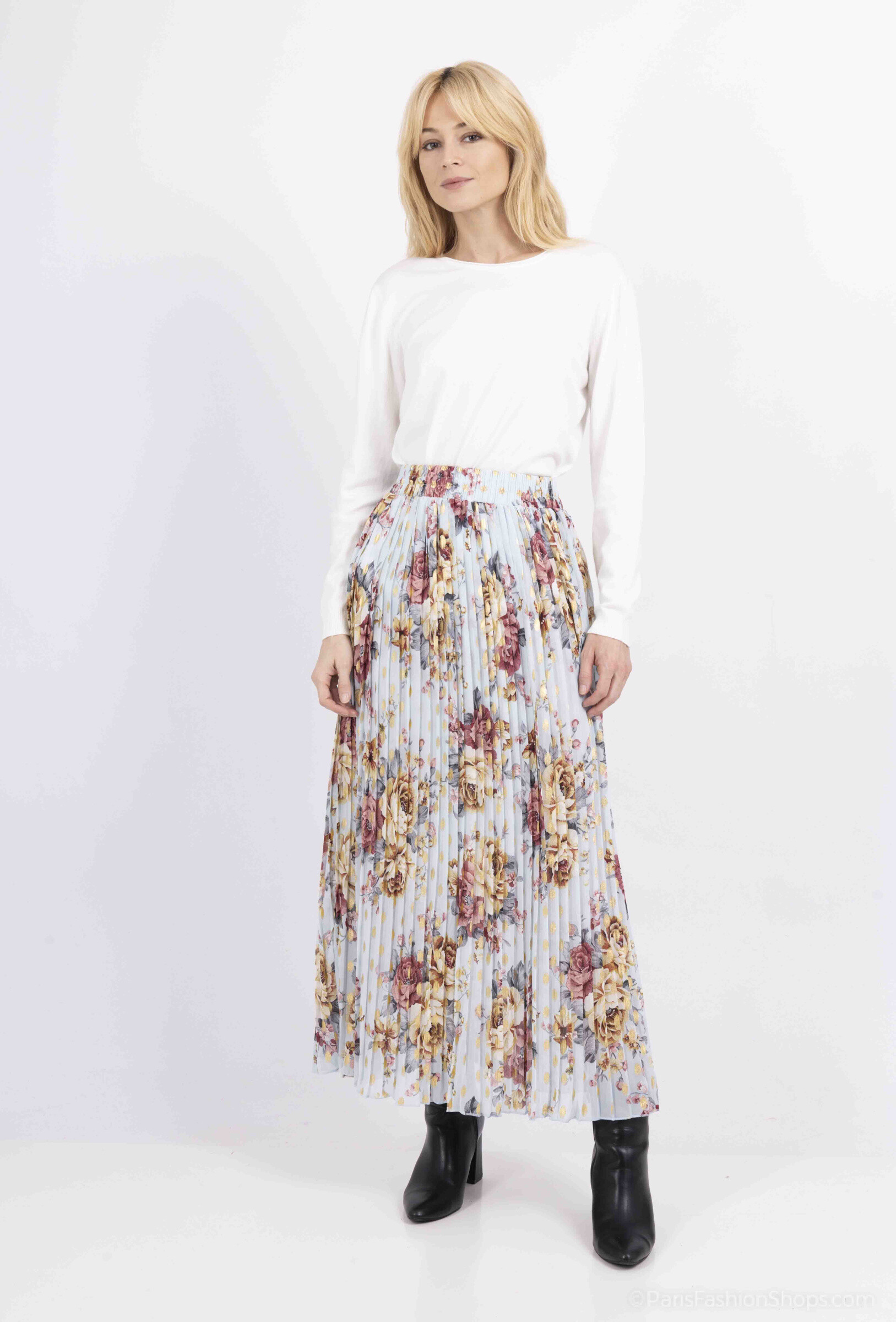 Wholesaler MJ FASHION - Floral and gold pleated skirt