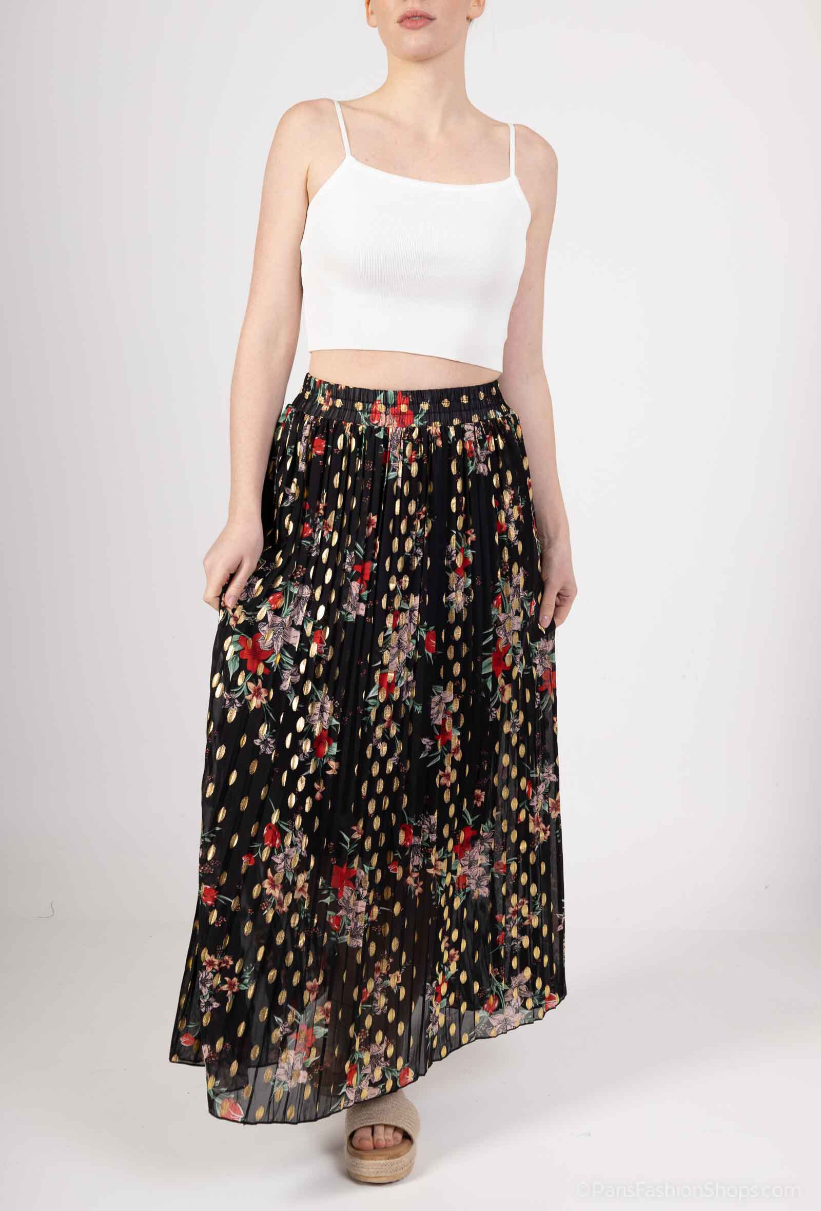 Wholesaler MJ FASHION - Floral pleated skirt with gold details