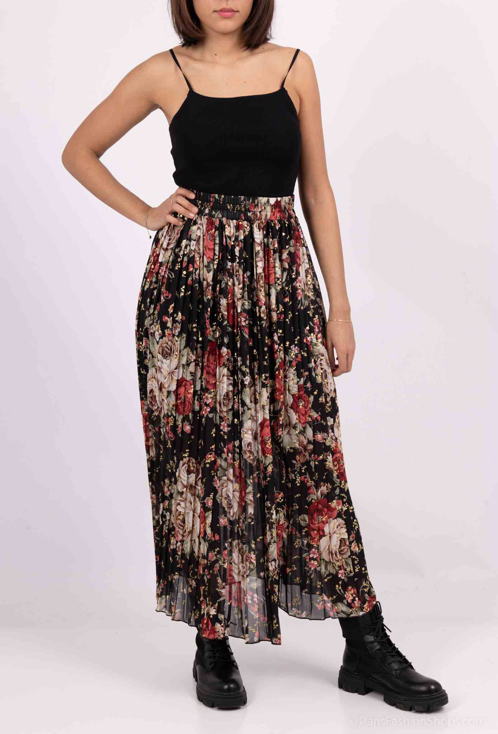 Wholesaler MJ FASHION - Floral pleated skirt with gold details