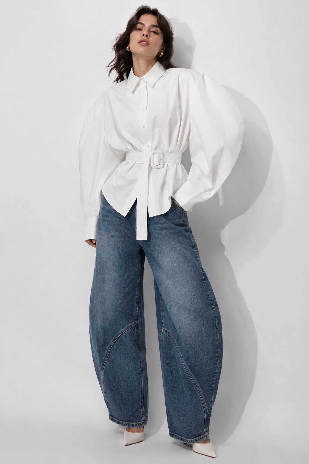 Grossiste Mochy - Chemise manches ballon sculpturales avec ceinture à nouer pour marquer la taille