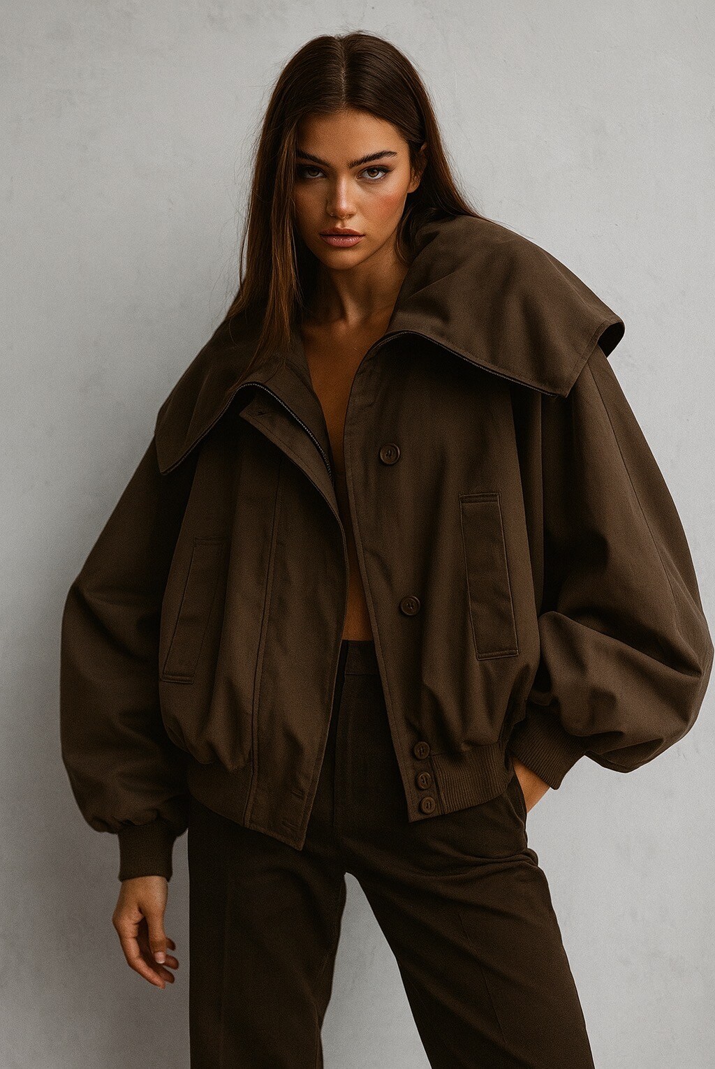 Grossiste Mochy - Veste oversize col montant modulable et bas resserré