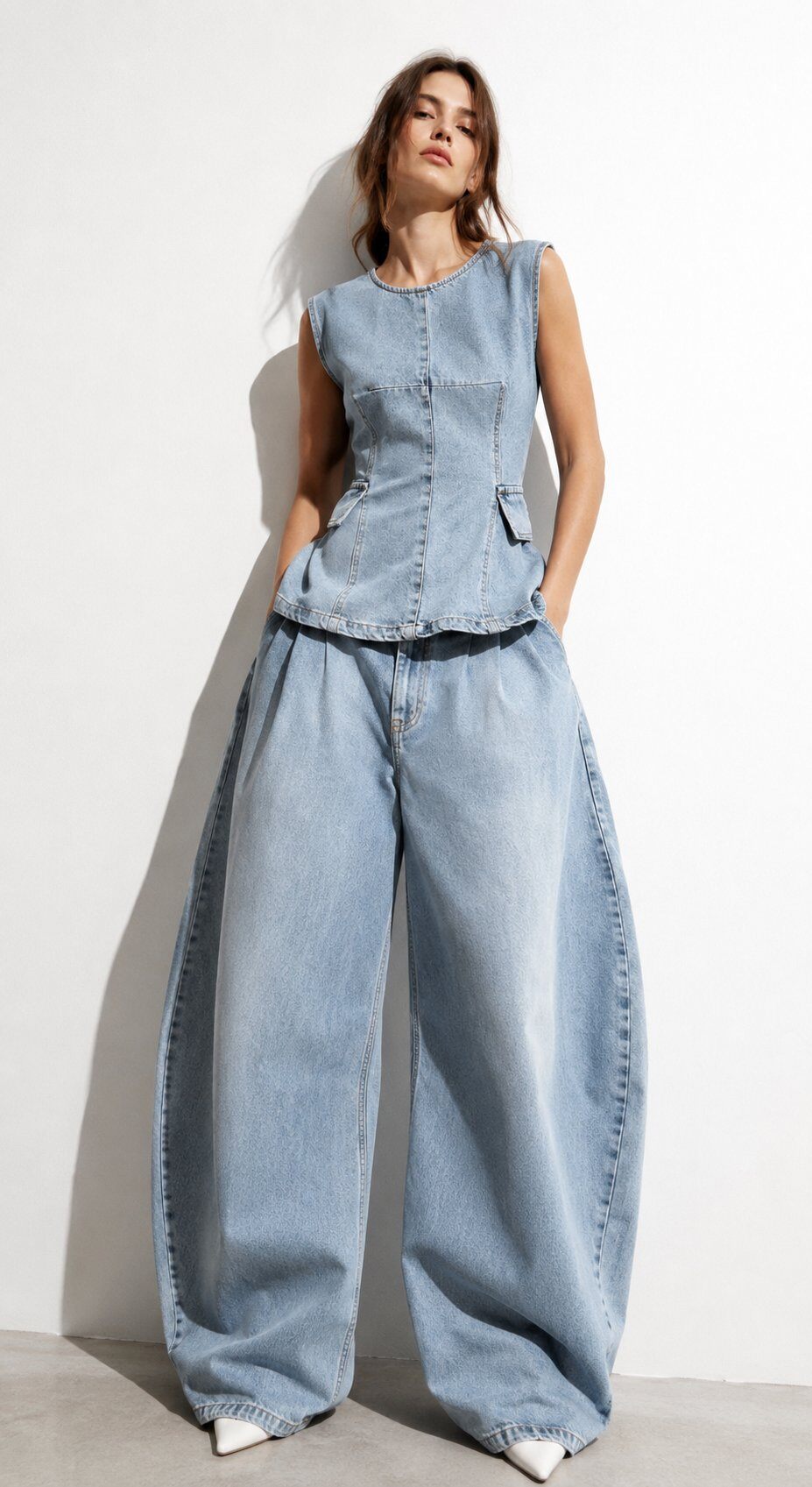 Grossiste Mochy - Ensemble de denim haut cintré & pantalon ballon