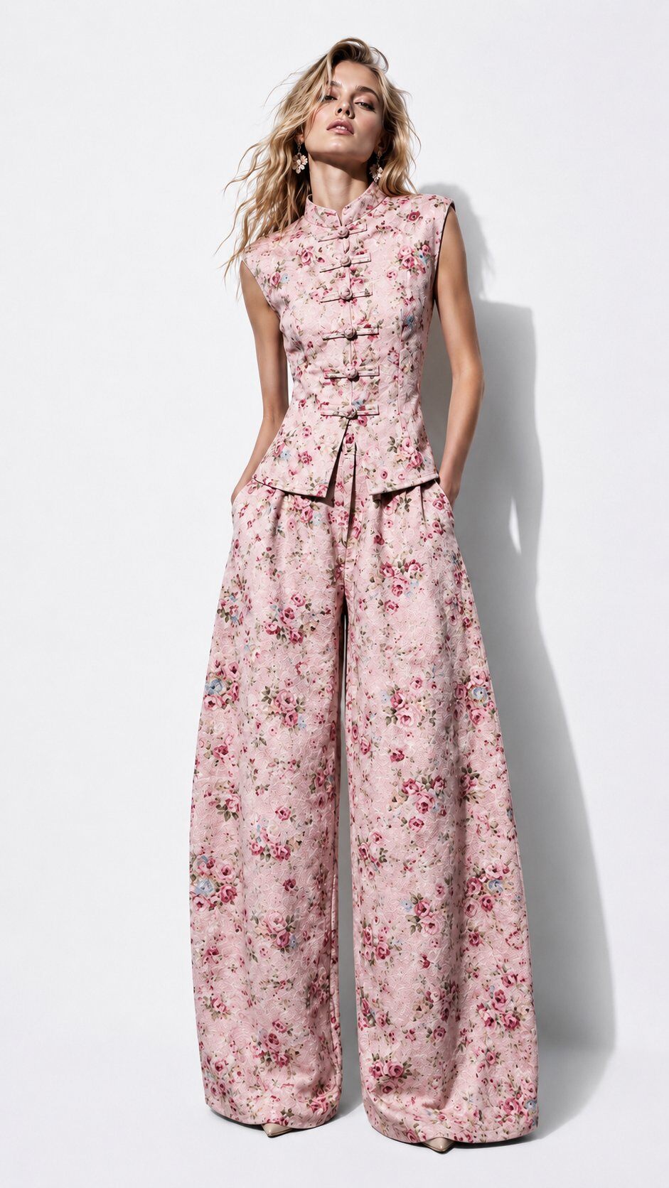 Grossiste Mochy - Ensemble fleuri haut sans manches et pantalon large