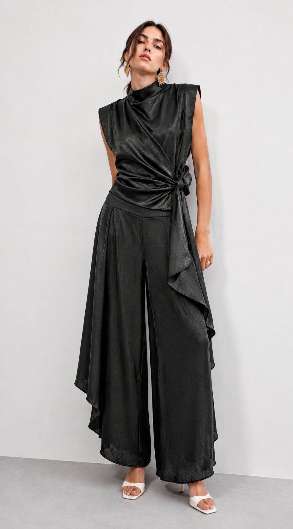 Wholesaler Mochy - 2-piece satin set with a sleeveless draped top featuring structured shoulders and an asymmetrical midi pant