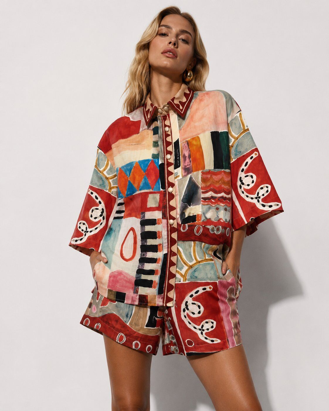Grossiste Mochy - Ensemble chemise et short imprimé artistique