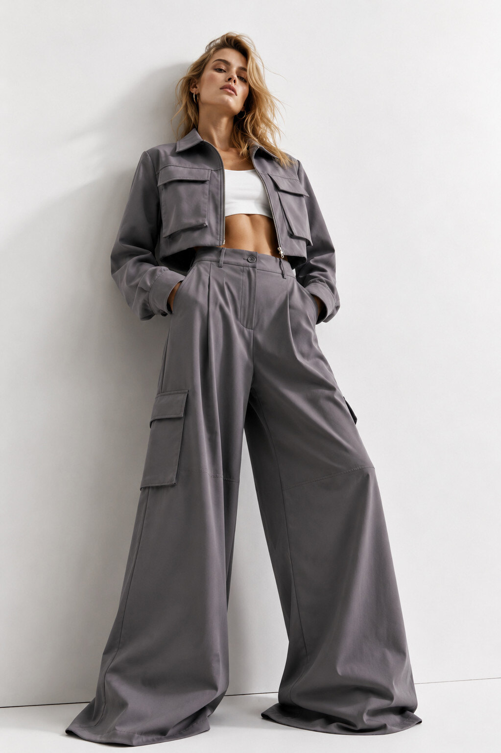Wholesaler Mochy - 2-piece set featuring a cropped zip-up jacket with patch pockets and high-waisted wide-leg cargo pants