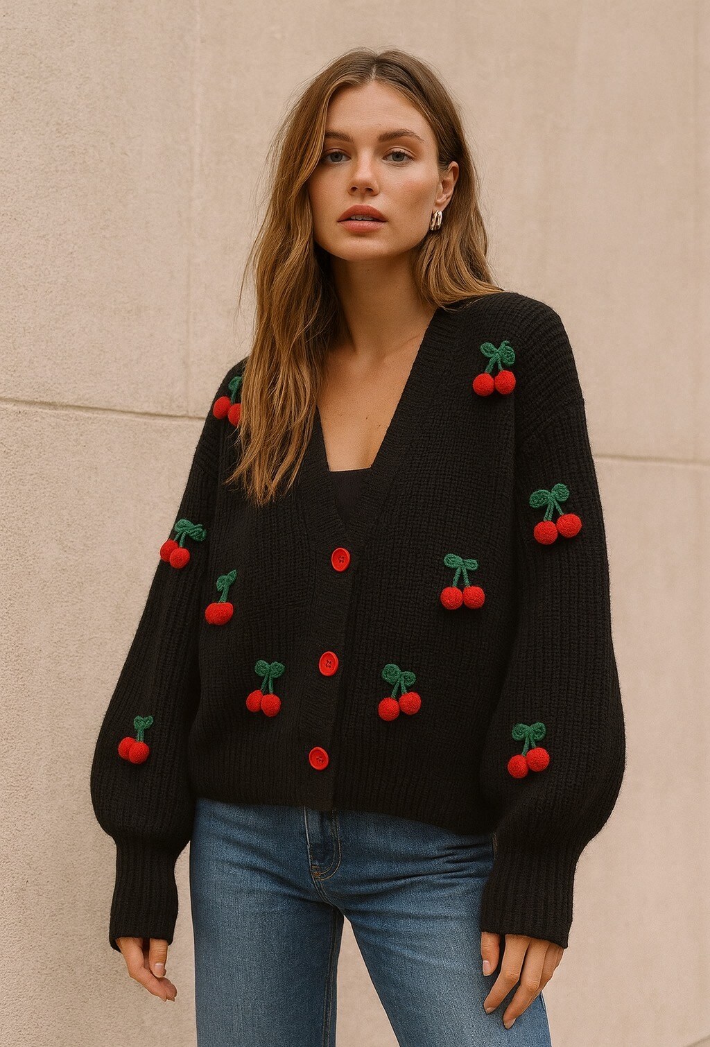 Grossiste Mochy - Cardigan en maille avec motif cerises en relief