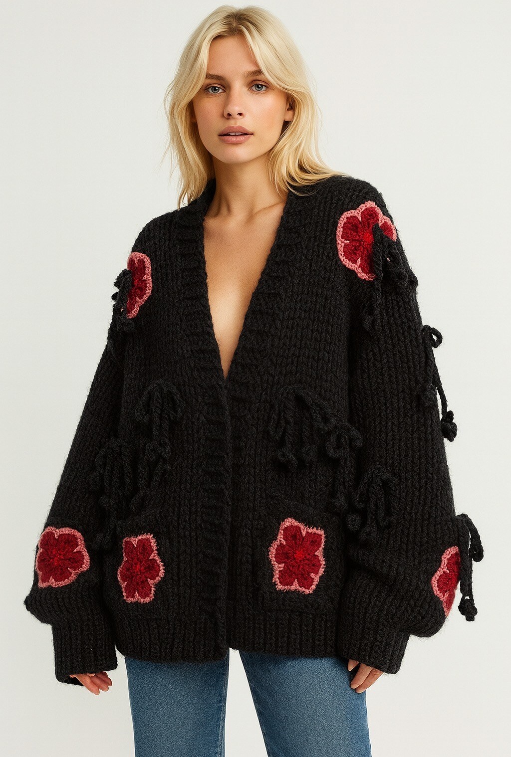 Grossiste Mochy - Gilets en grosse maille décoré de fleurs crochetées