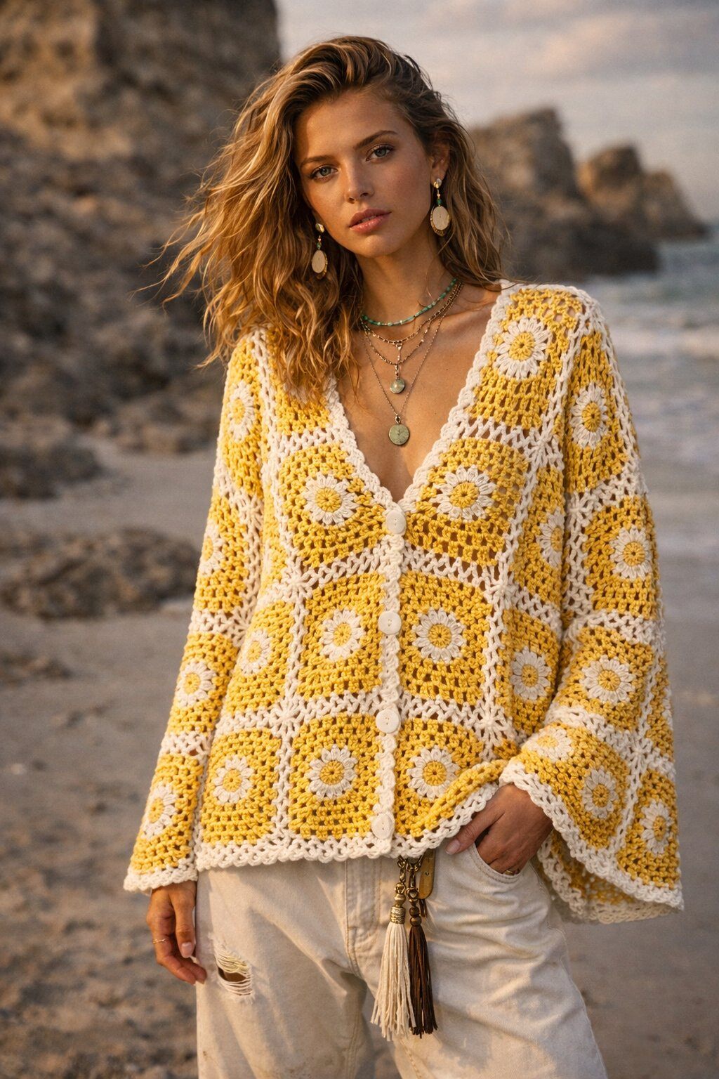 Großhändler Mochy - Häkel-Cardigan mit Blumenmuster
