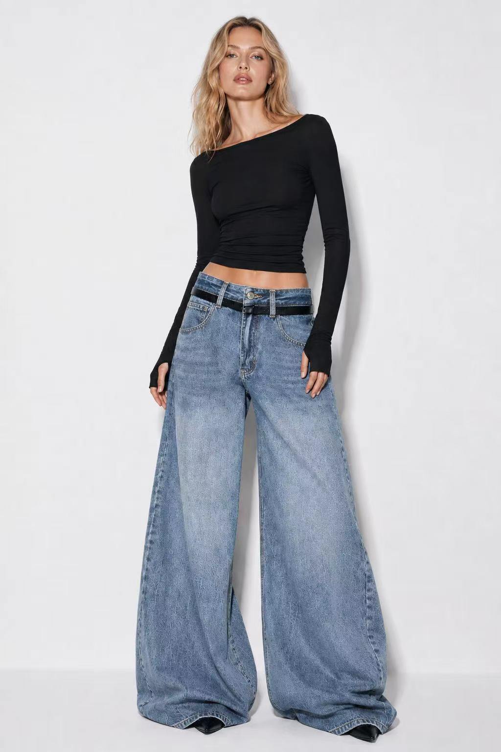 Grossiste Mochy - Jean wide leg taille haute avec détail de ceinture contrastée intégrée