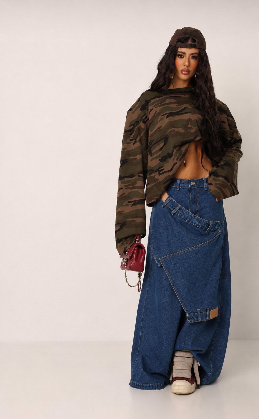 Grossista Mochy - Pantaloni in denim oversize con design asimmetrico e inserti sovrapposti per un tocco unico