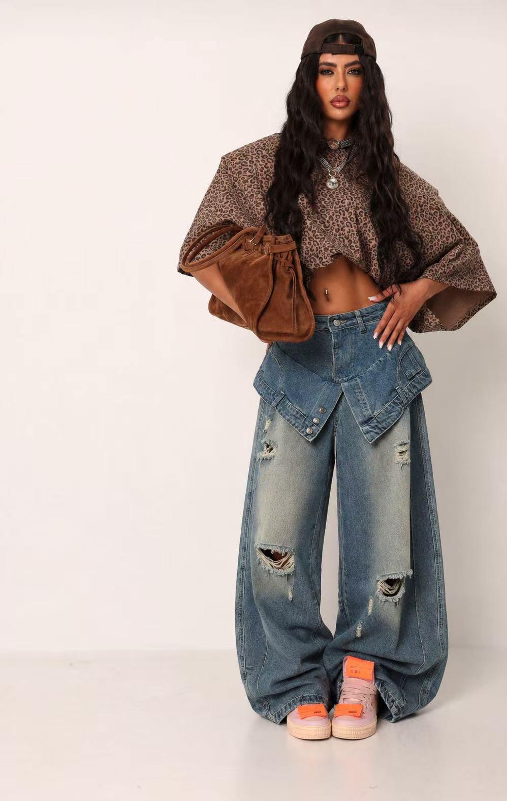 Grossiste Mochy - Jean baggy fausse veste nouée
