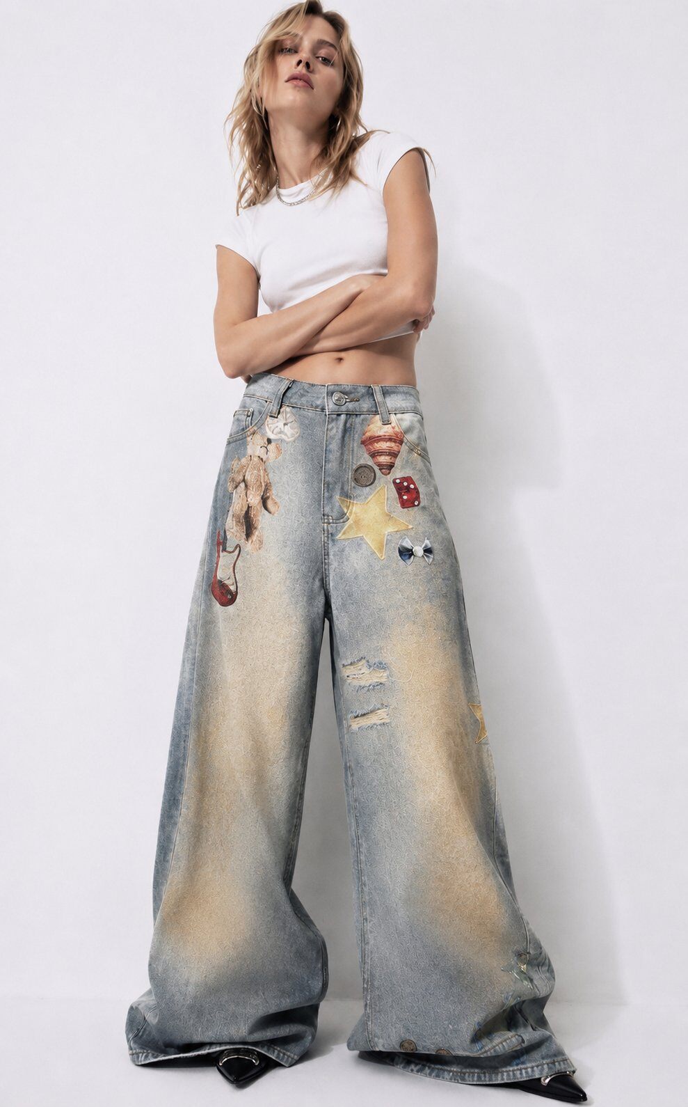 Grossiste Mochy - Jean wide leg imprimé vintage