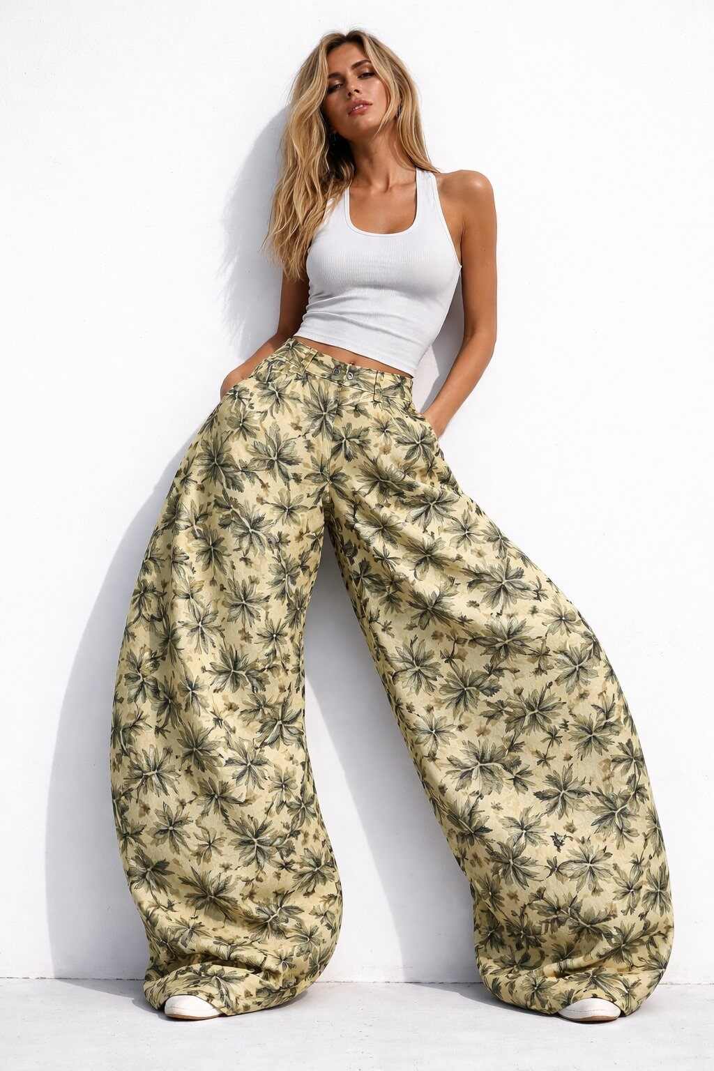 Grossiste Mochy - Pantalon taille haute à coupe ballon avec imprimé feuillage pour un style original et tendance