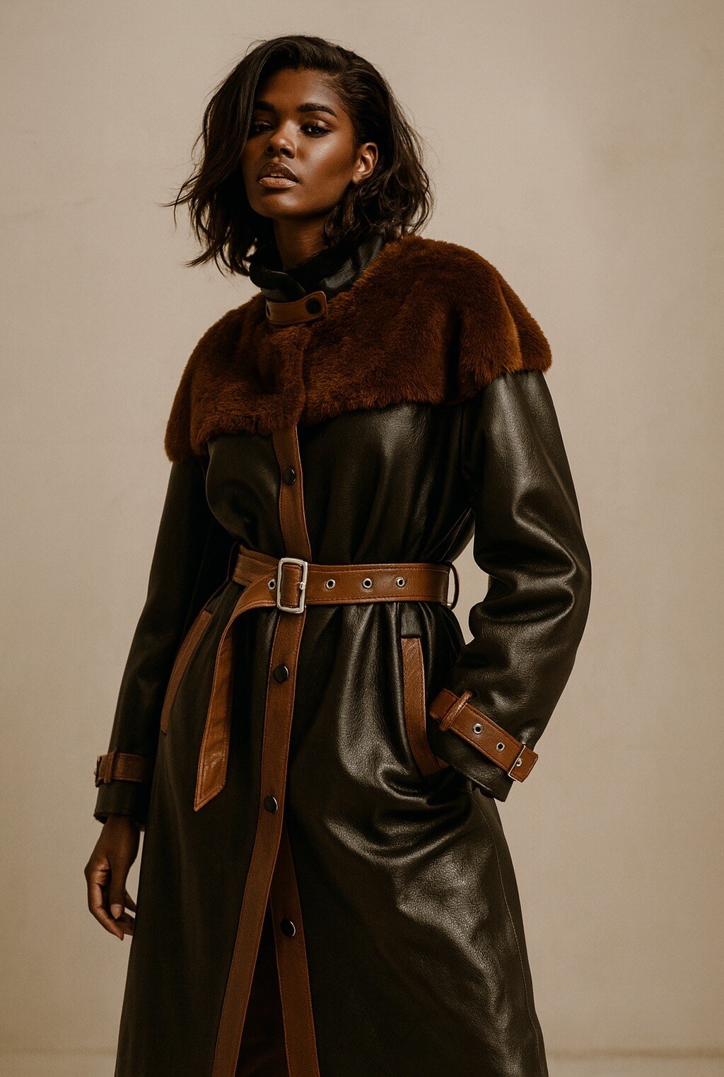 Grossiste Mochy - Manteau long avec finitions marron détails en fourrure au col et aux épaules