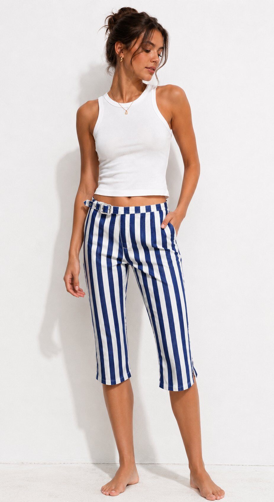 Wholesaler Mochy - Striped cropped pants with belt