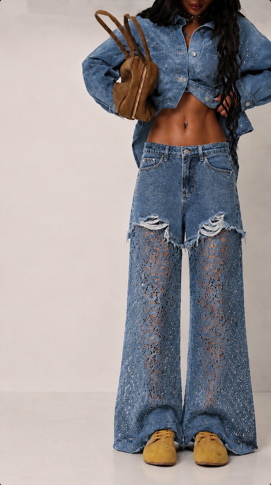 Grossiste Mochy - Pantalon en jean intégré jambes en dentelle