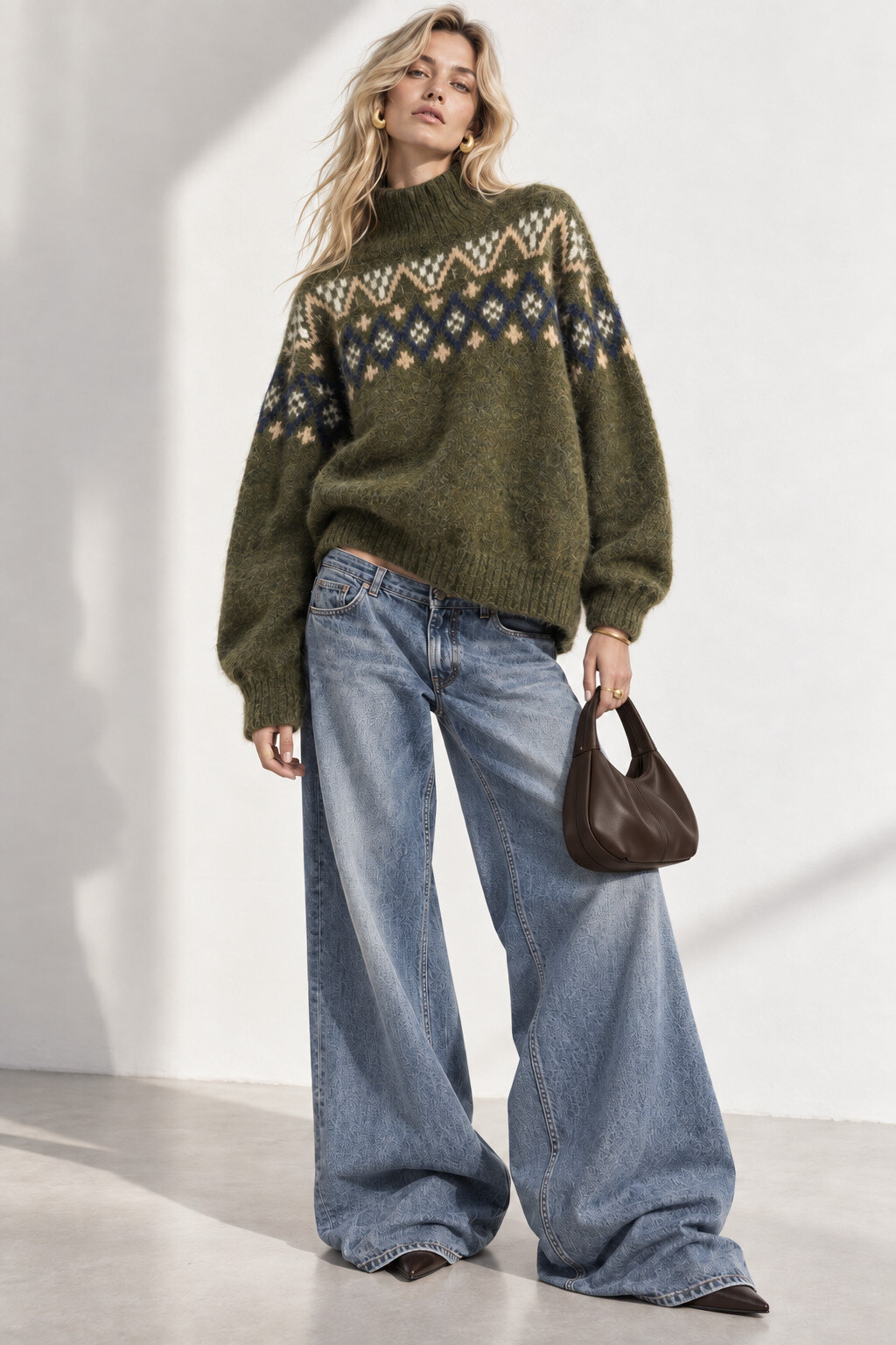 Großhändler Mochy - Oversize-Pullover aus flauschigem Strick mit hohem Kragen und nordisch inspirierten geometrischen Jacquardmustern