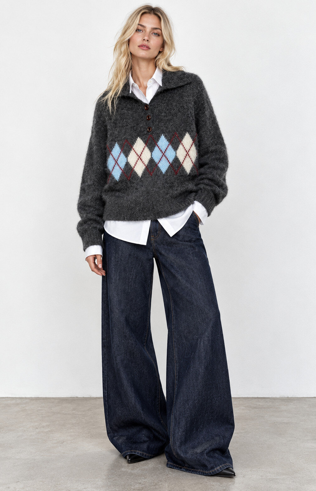 Großhändler Mochy - Strickpullover mit Knopf-Polo-Kragen und Rautenmuster auf der Brust