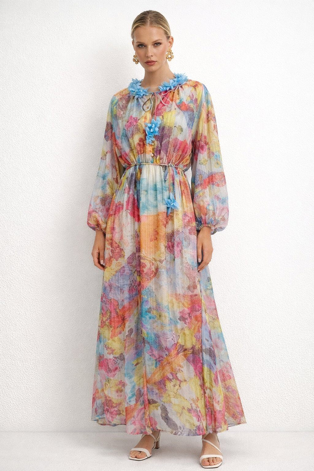 Grossiste Mochy - Robe longue fluide avec imprimé artistique multicolore