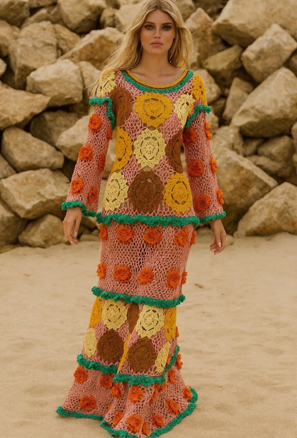 Großhändler Mochy - Böhmisches, mehrfarbiges Häkel-Maxikleid