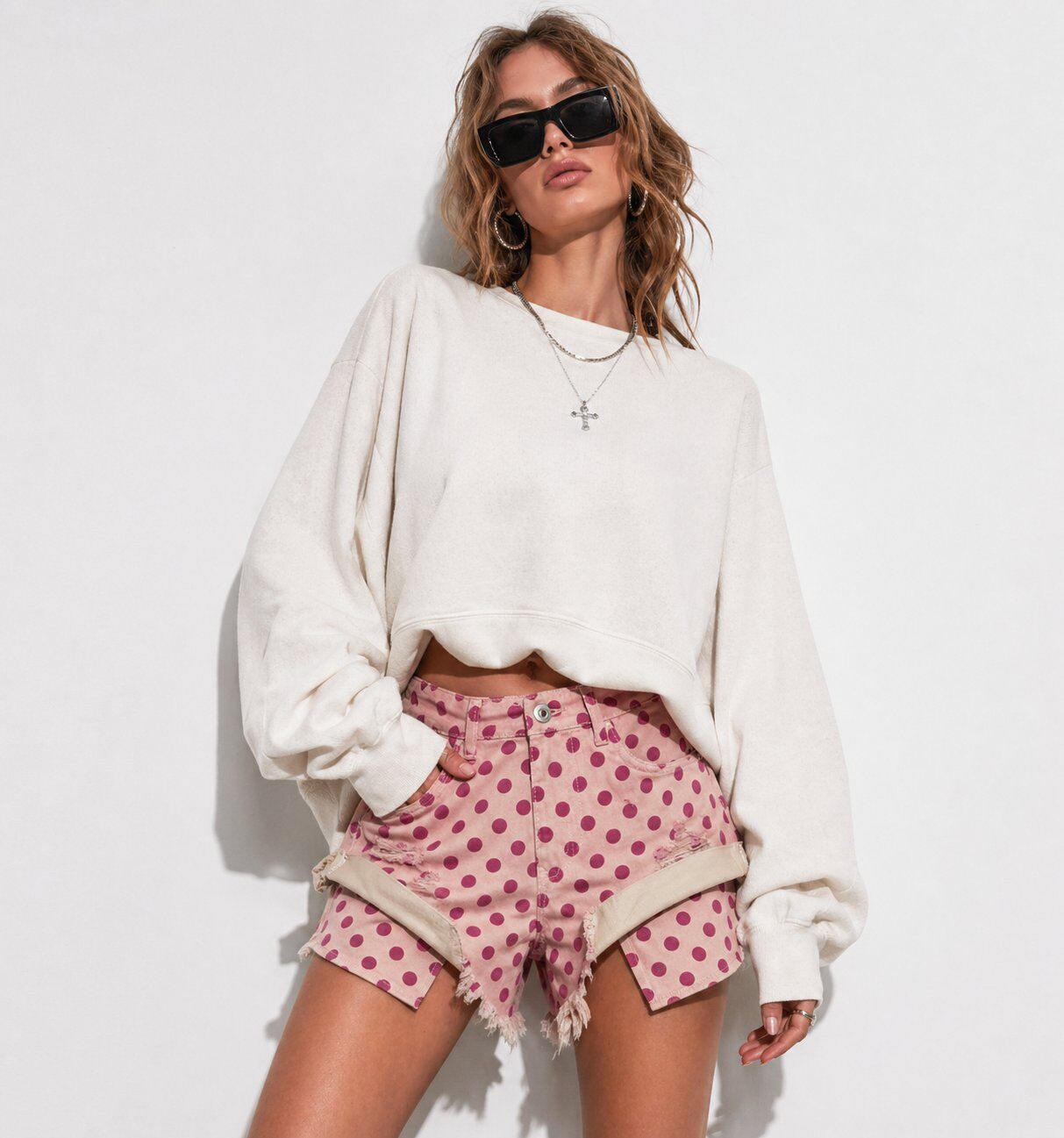 Mayorista Mochy - Shorts de mezclilla con lunares, corte corto y detalles desgastados para un look moderno