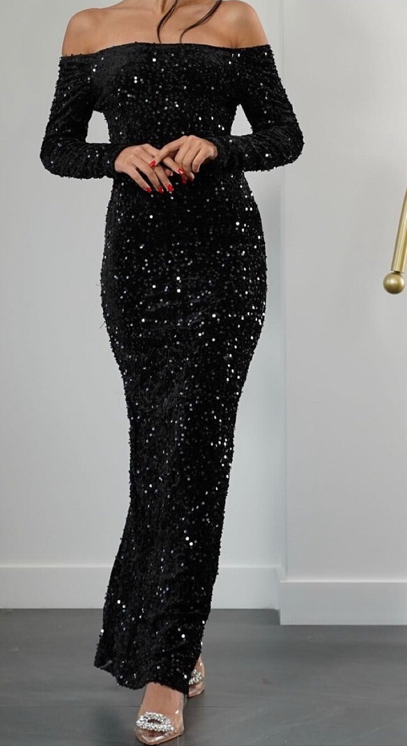 Grossiste Mochy - Robe de soirée paillettes épaule dénudées