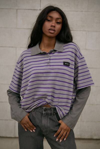 Grossiste Mochy - T-shirt rayé effet deux pièces col polo Grossiste Mochy - T-shirt rayé effet deux pièces col polo