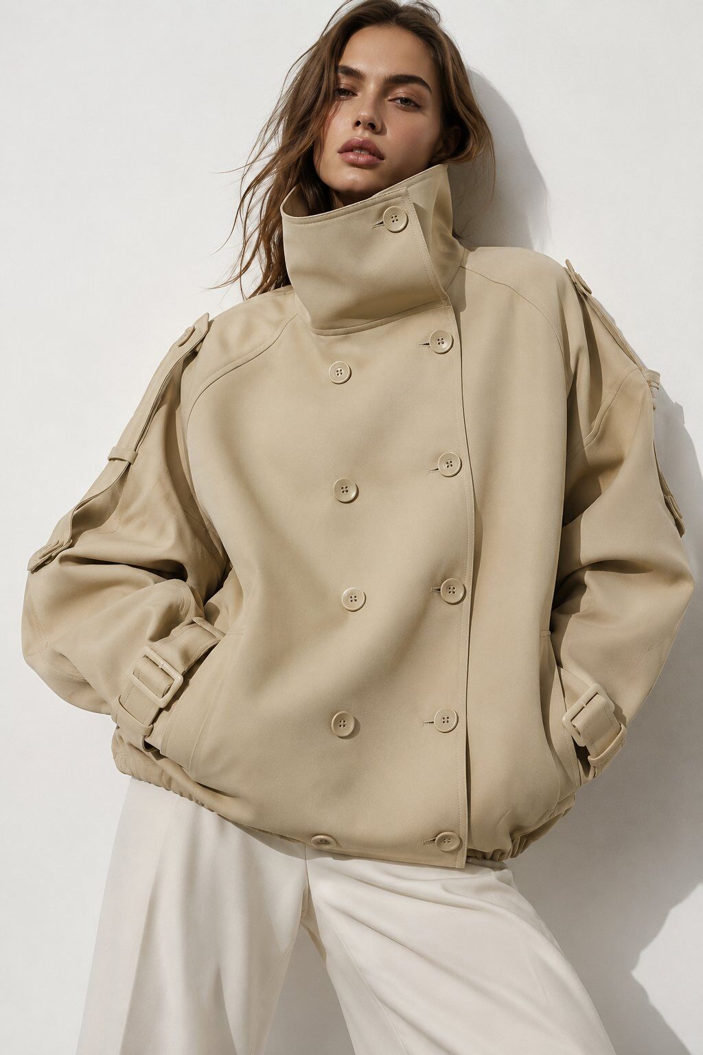 Grossista Mochy - Giacca corta stile trench con taglio oversize, collo alto regolabile e chiusura doppiopetto con bottoni