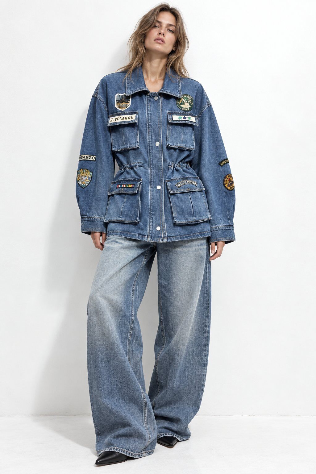 Wholesaler Mochy - Oversized safari jacket with multiple cargo pockets, embroidered patch details, and adjustable drawstring waist