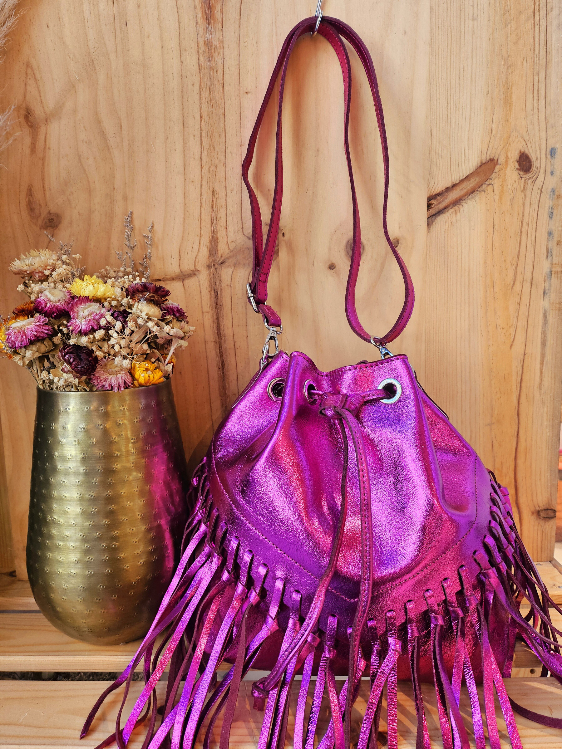 Wholesaler Mogano - Leather purse bag with metallic fringes