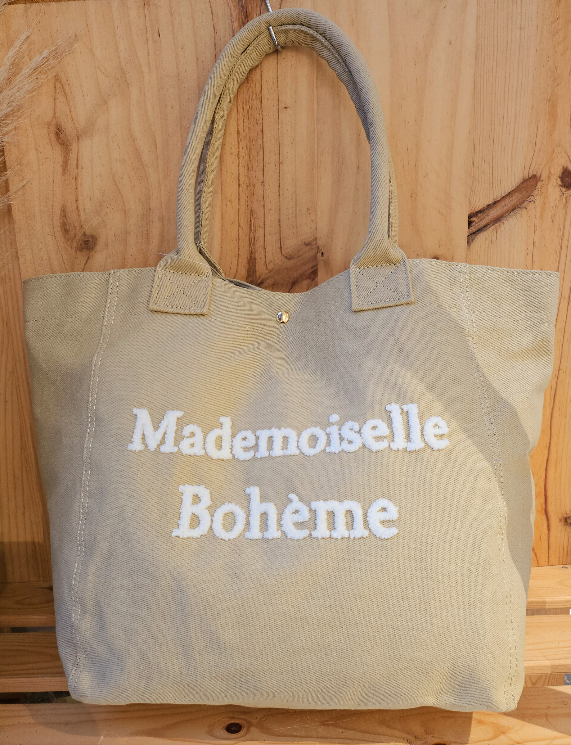 Mayorista Mogano - Bolso tote grande de algodón con inscripción Mademoiselle Bohème y bandolera