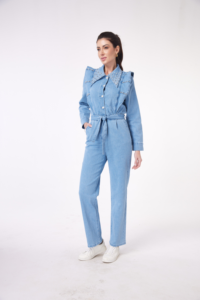Wholesaler Monday Premium - Denim jumpsuit with pearls and rhinestones