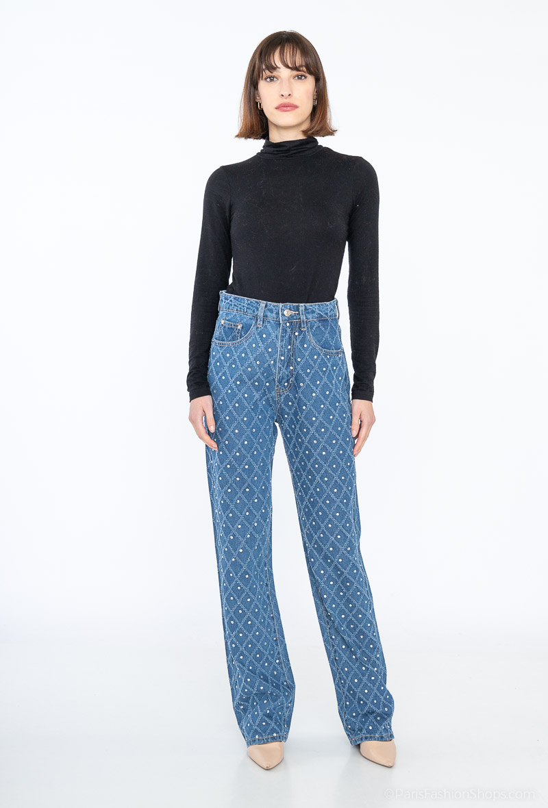 Grossiste Monday Premium - JEAN  À STRASS COUPE LARGE TAILLE HAUTE