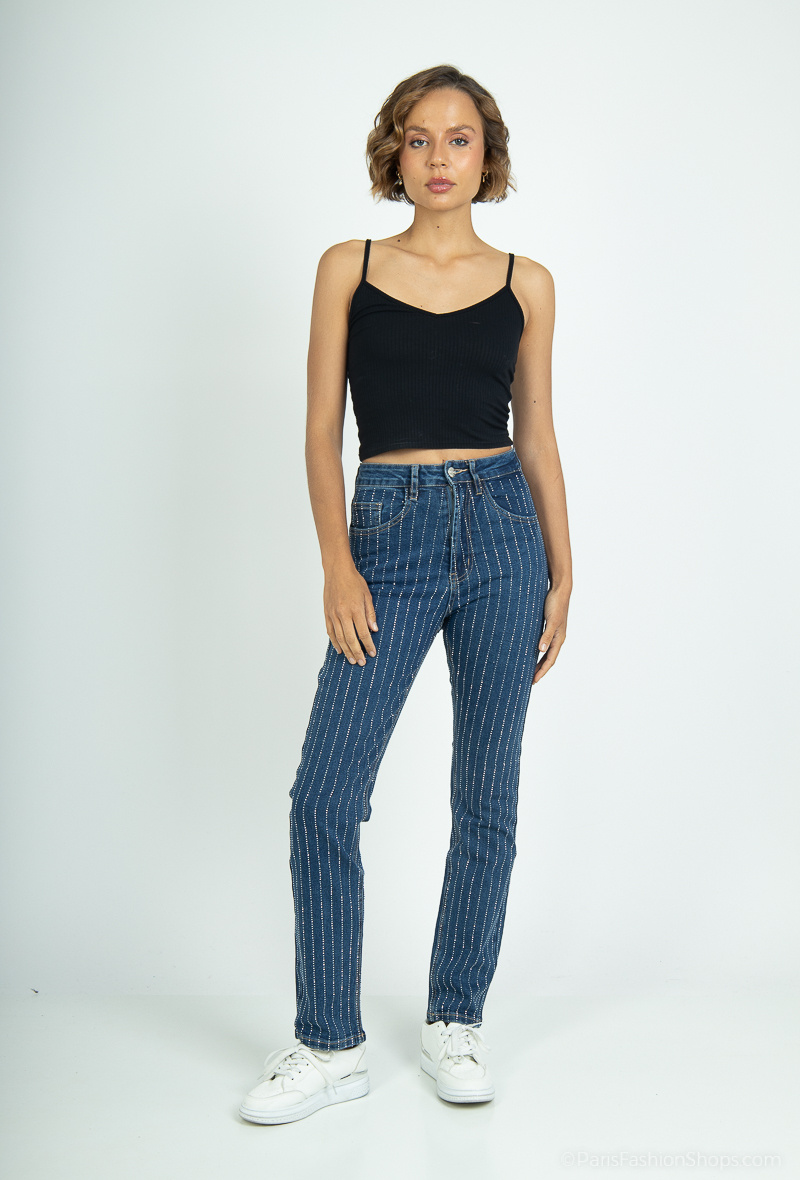 Grossiste Monday Premium - JEAN À RAYURES FINES ET STRASS