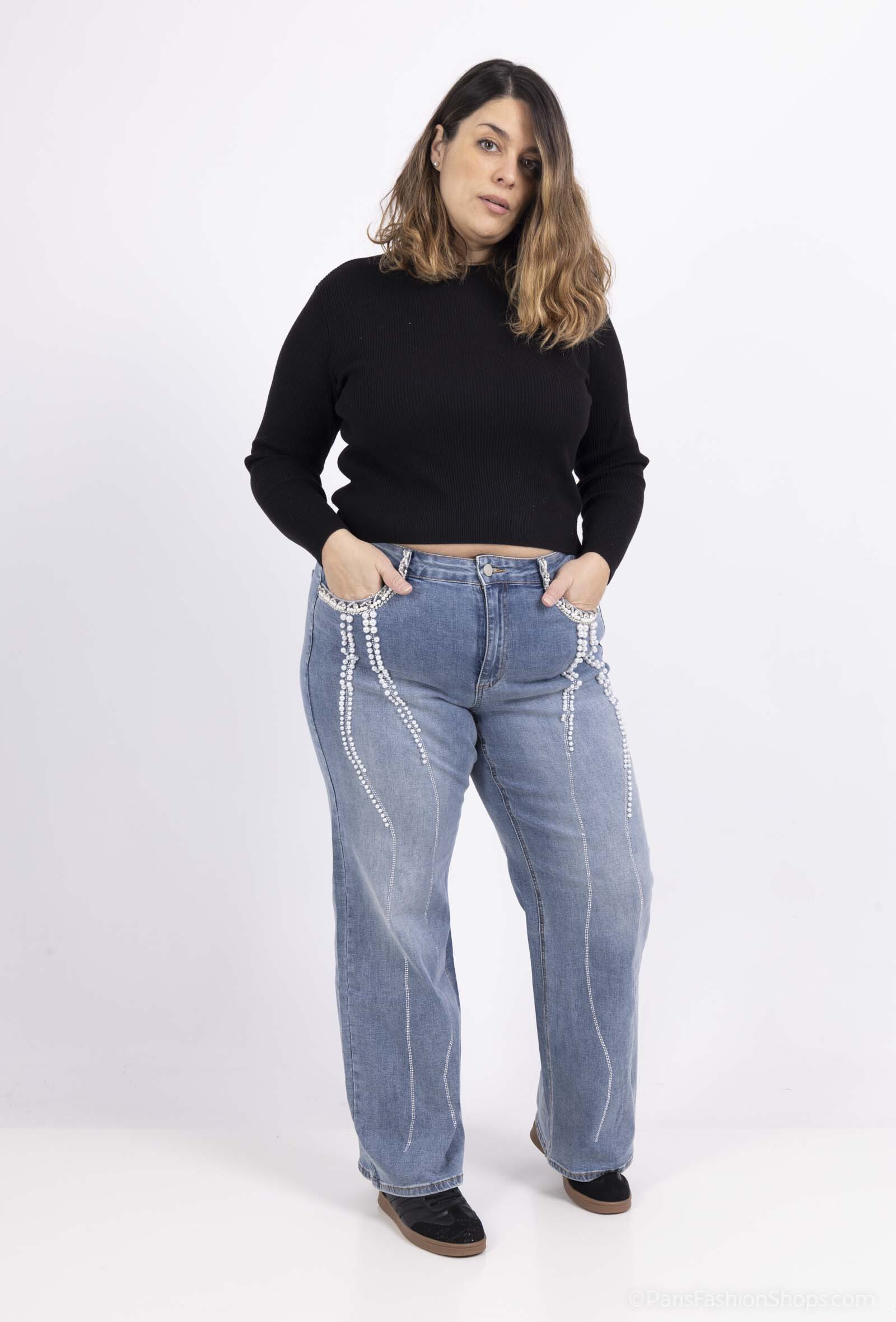 Wholesaler Monday Premium - High-waisted straight jeans with rhinestones and pearls