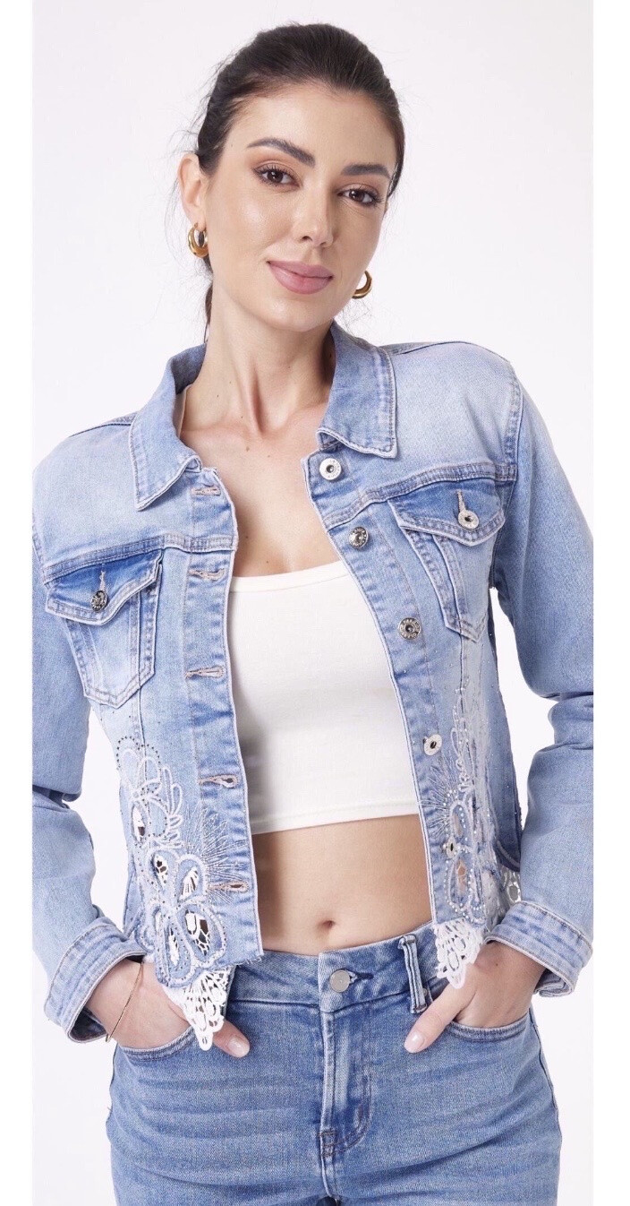 Wholesaler Monday Premium - Denim jacket with lace, embroidery and rhinestones