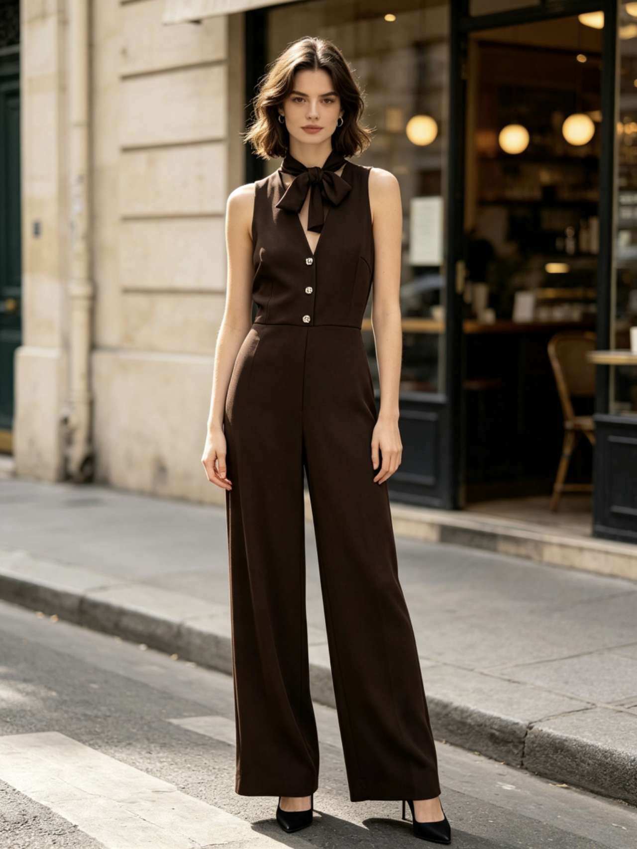 Grossista MONDIAL FASHION - jumpsuit elegante scollo a v con bottoni e fiocco