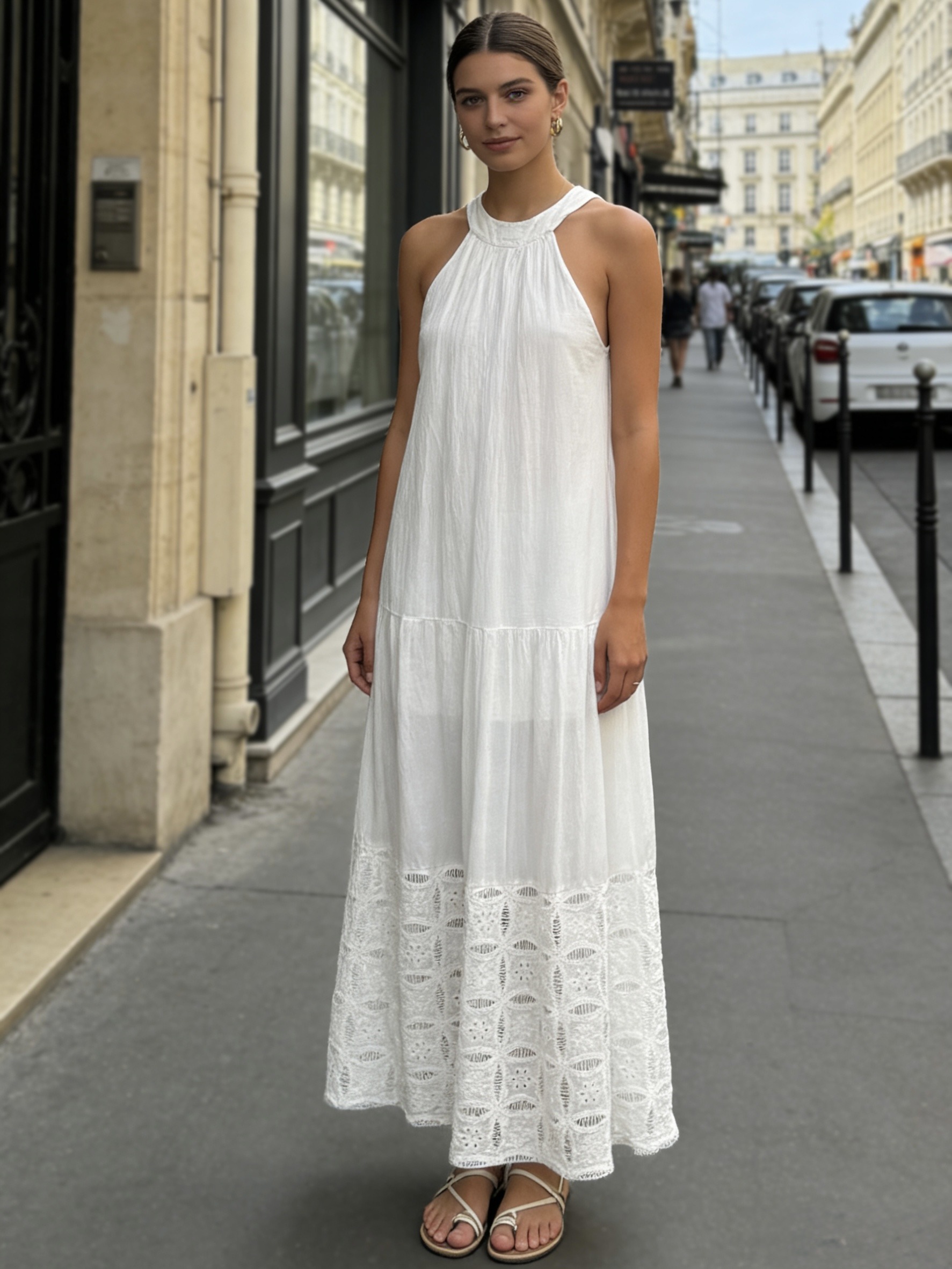 Wholesaler MONDIAL FASHION - LONG DRESS WITH KNOT BEHIND NECK IN COTTON MUSLIN