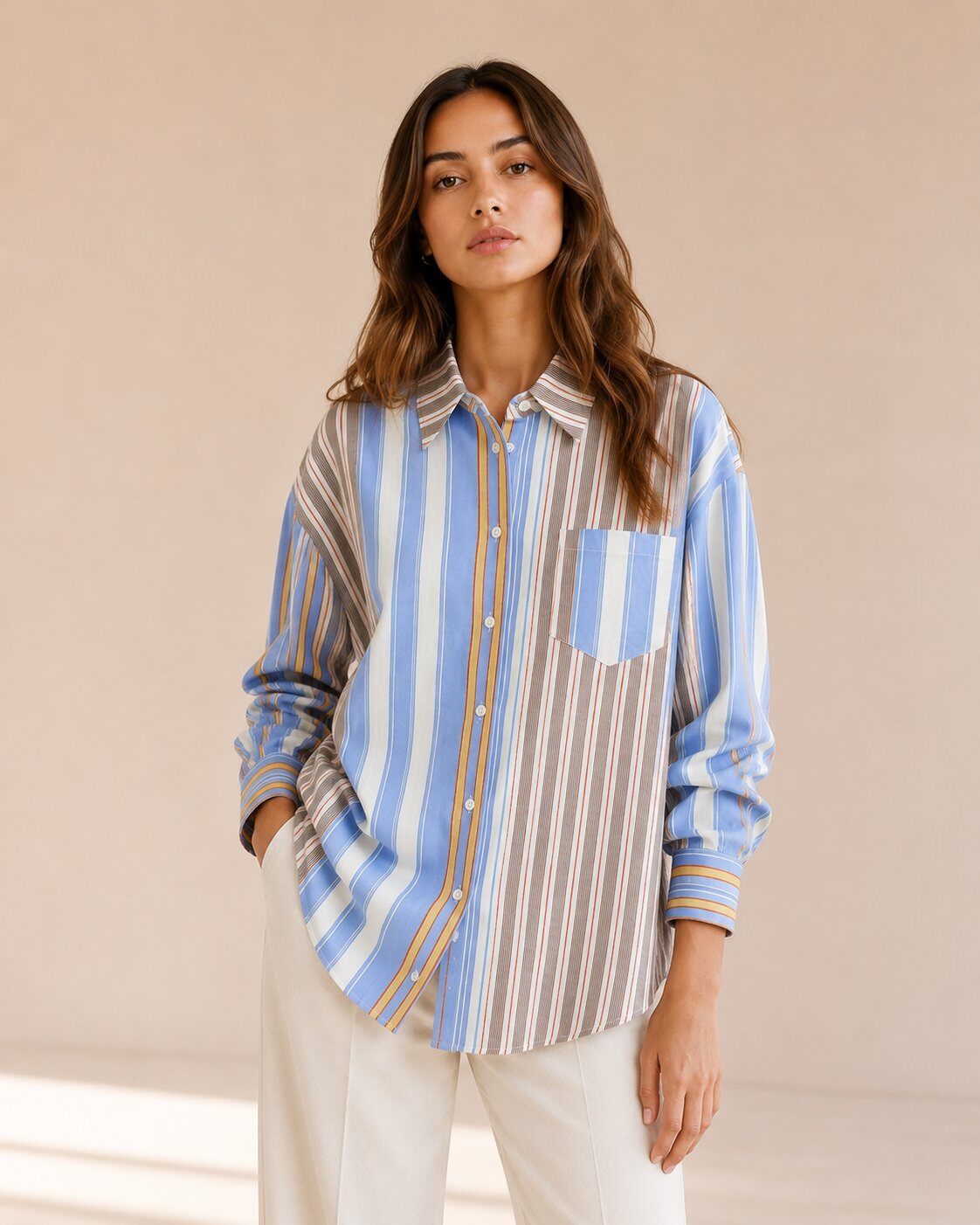 Mayorista MONIQUE - Camisa Mujer Oversize a Rayas Multicolor Azul Claro y Beige