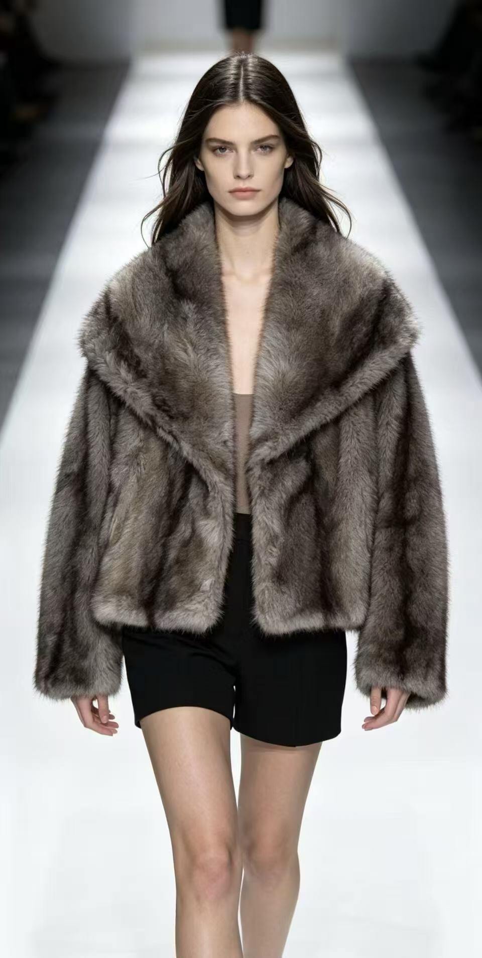 Wholesaler MONTE ALPI - SHORT JACKET IN FAUX FUR TINTED GRADIENT GREY BROWN OVERSIZED MODEL WITH NOTCHED LAPEL