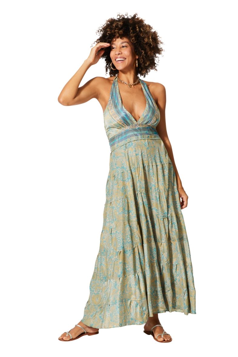 Mayorista MOOYA INDIA - Vestido largo fruncido estampado espalda descubierta
