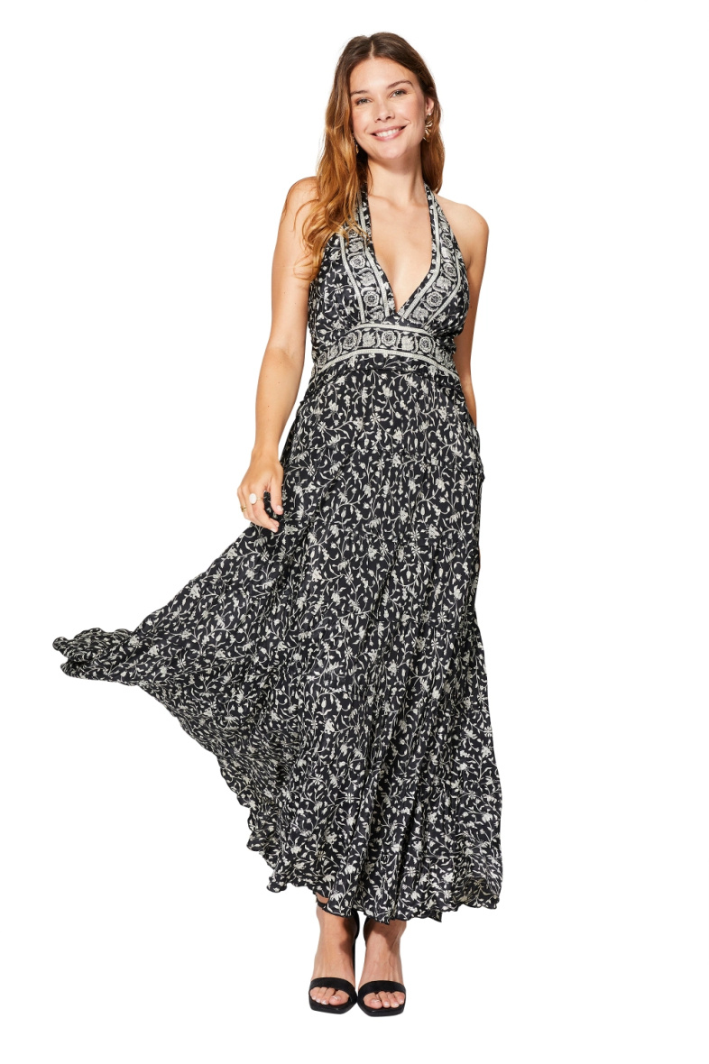 Mayorista MOOYA INDIA - Vestido largo fruncido estampado espalda descubierta