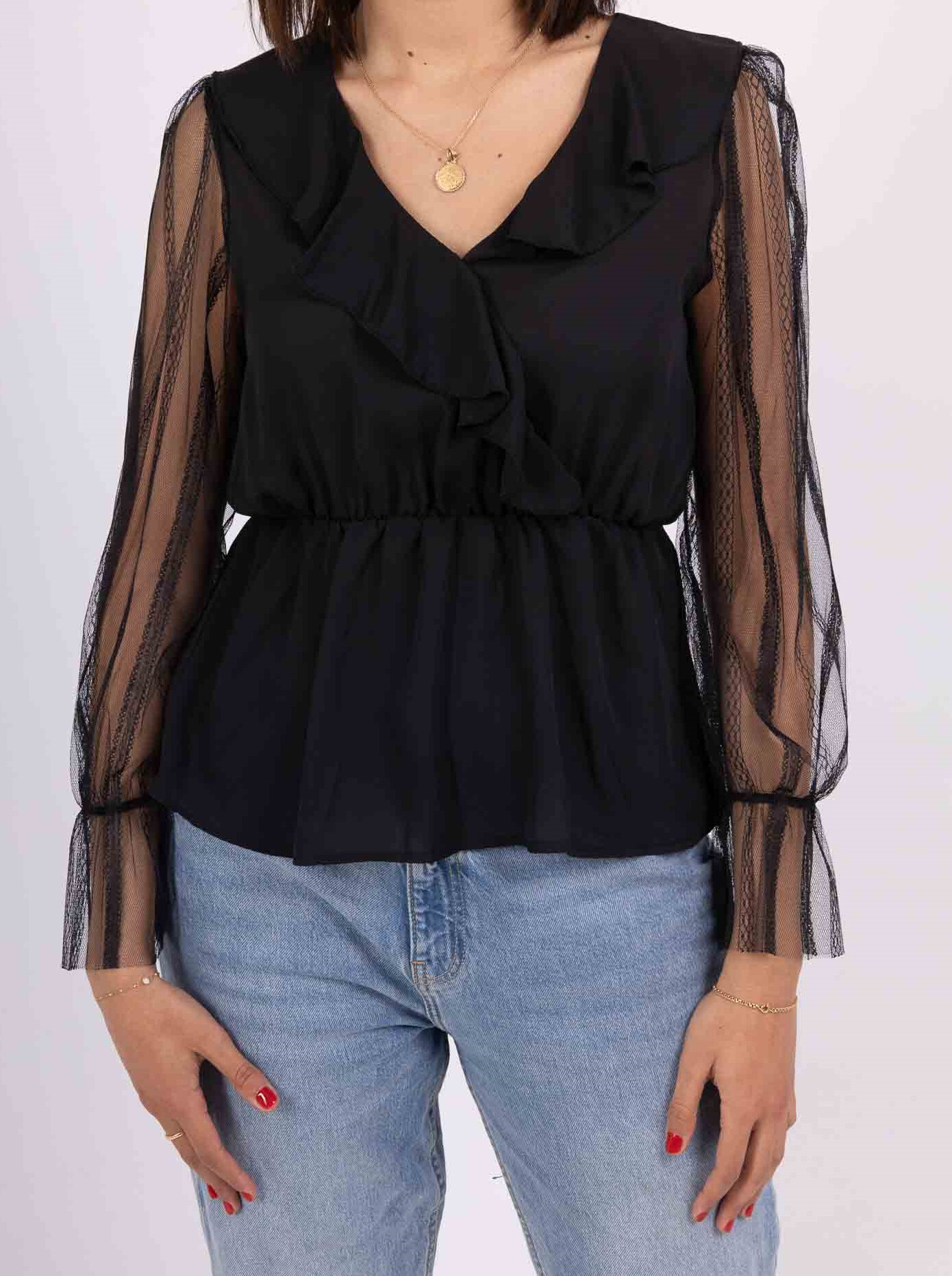 Grossiste Elissa - Blouse peplum noir avec manches dentelles