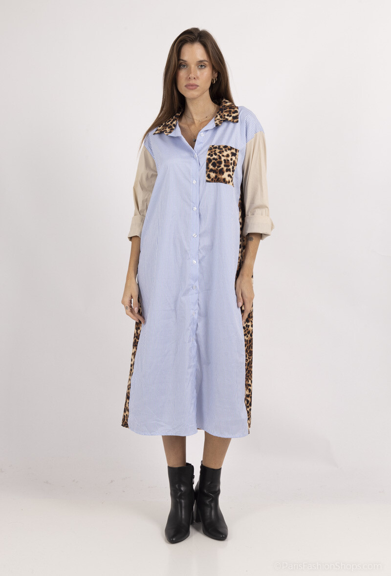 Grossiste Elissa - Chemise longue bi-imprimé rayure et léopard