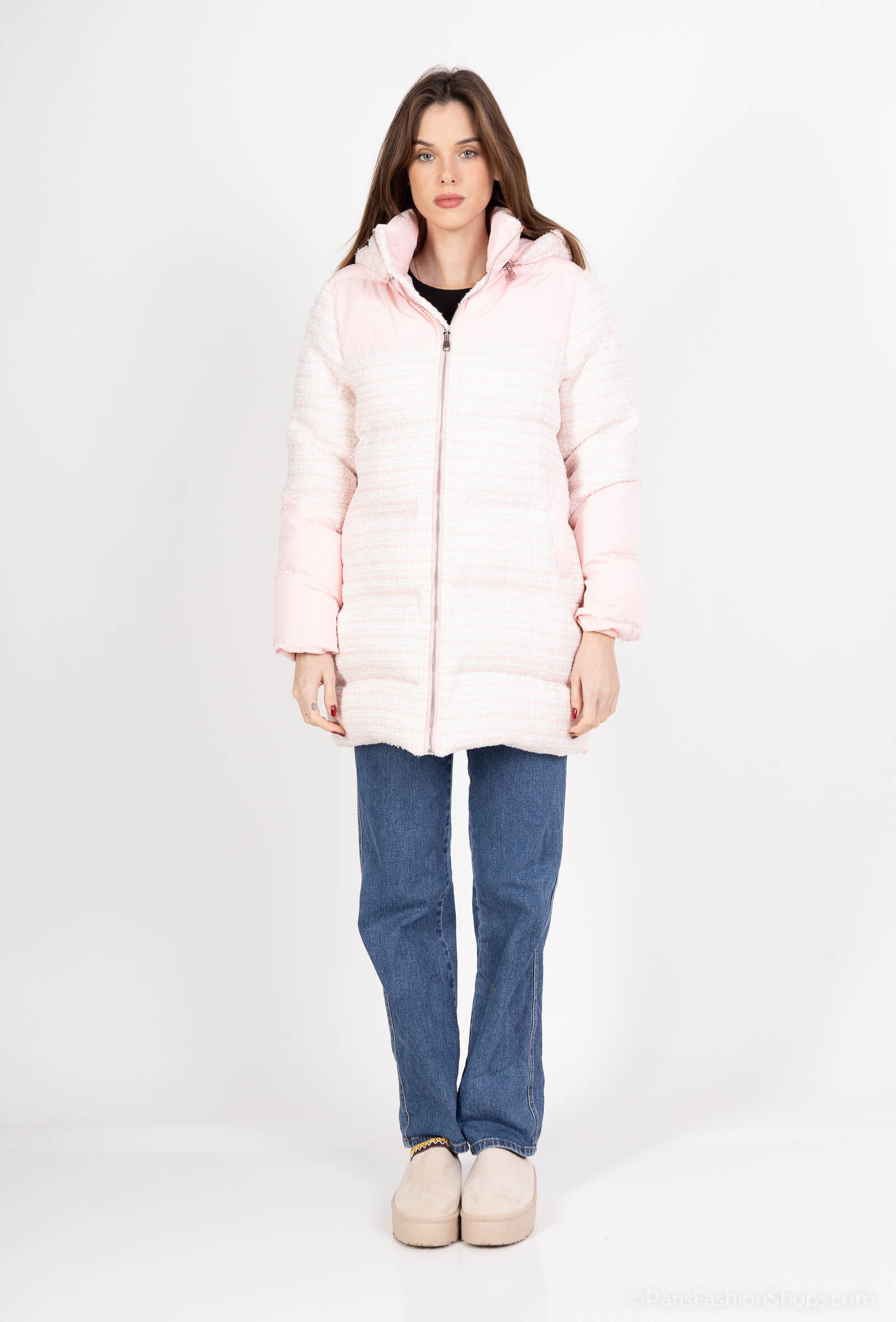 Grossiste Elissa - Doudoune longue bimatiere en tweed