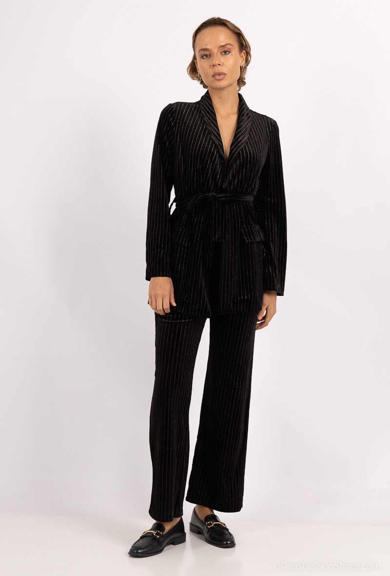 Grossiste Elissa - Pantalon velours à rayure dorée paillettes