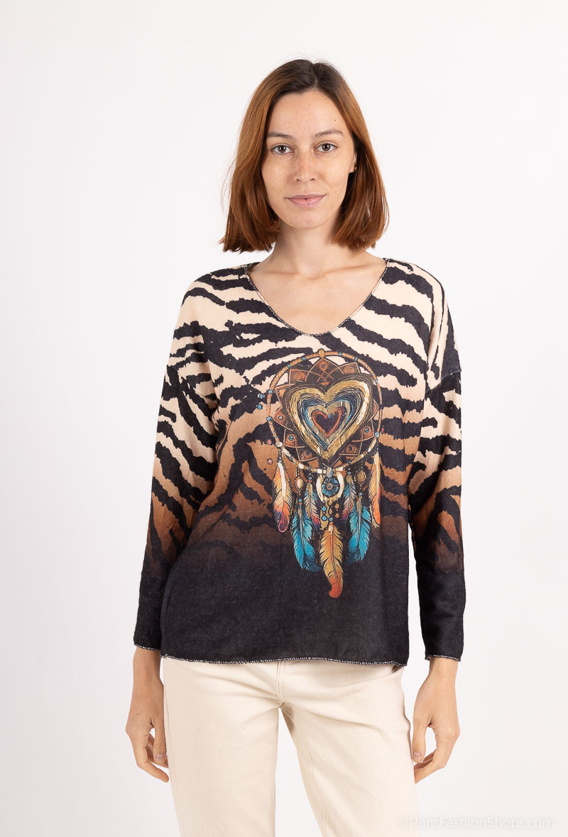 Großhändler Elissa - Weicher Pullover mit V-Ausschnitt und Animal-Print