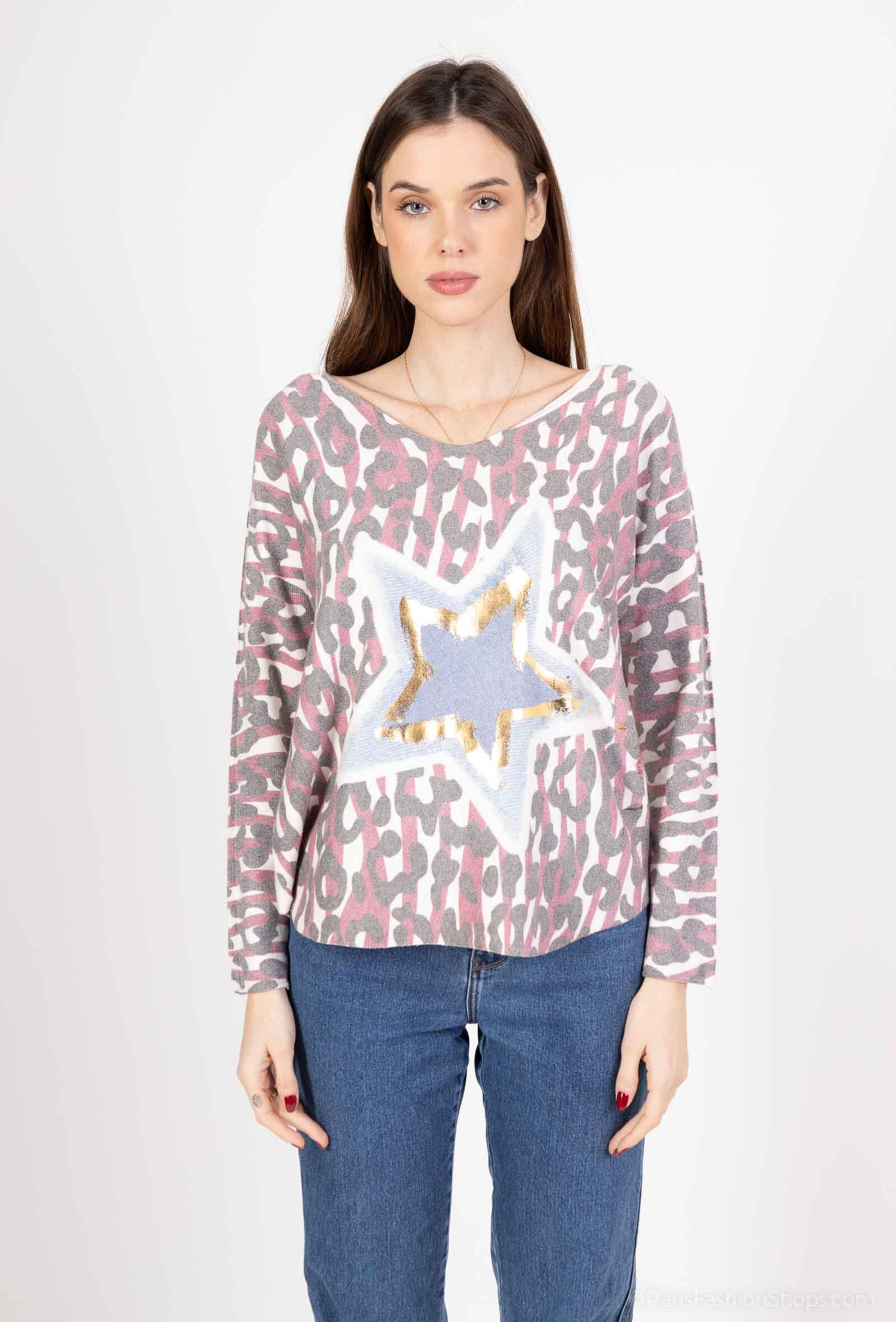 Großhändler Elissa - Pullover mit V-Ausschnitt und Sternen im Animal-Print
